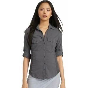 James Perse Sheer Slub Side Panel Button Down Shirt Roll Tab Sleeve Gray Sz 1/S
